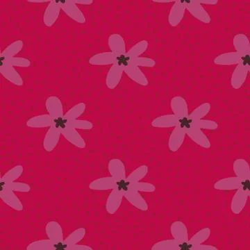 Bright seamless daisy flowers pattern with red dotted background and pink bot Illustrazione stock