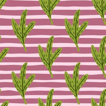 Bright seamless doodle pattern with green leaf simple shapes. Pink and lilac  Illustrazione stock