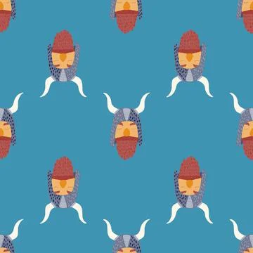 Bright seamless doodle pattern with kids boy norway viking man. Blue backgrou Stock Illustration