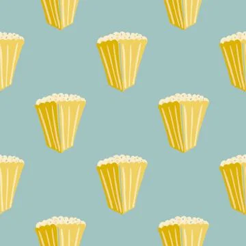 Bright seamless doodle pattern with popcorn silhouettes. Yellow cinema snack  Stock Illustration