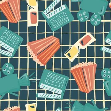 Bright seamless doodle pattern with popcorn, camera, 3d glasses and clapperbo Stock Illustration