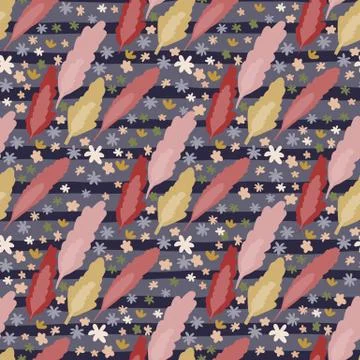 Bright seamless doodle pattern with tree leaves and little flowers. Navy blue Stock Illustration