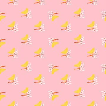 Bright seamless doodle pattern with yellow bird silhouettes on branches. Pink Stock Illustration