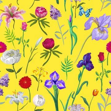 Bright seamless floral pattern on yellow background Stock Illustration