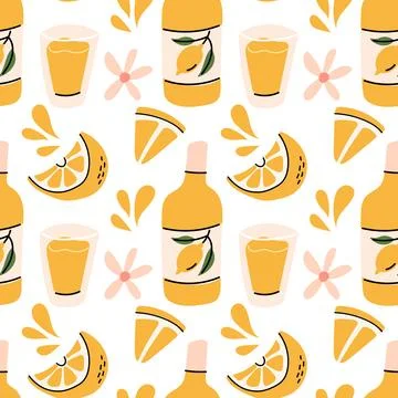Bright Seamless Lemon Drink Pattern with Bottles Citrus and Flowers Stock Illustration
