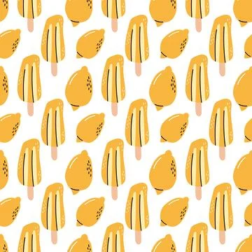 Bright Seamless Lemon Pattern with Citrus Fruits and Popsicles Stock Illustration