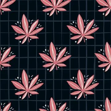 Bright seamless marijuana pattern. Black background with check and pink tones Stock Illustration