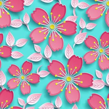 Bright seamless pattern with 3d cherry blossom Stock Illustration