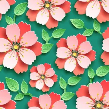 Bright seamless pattern with 3d sakura blossom Stock Illustration