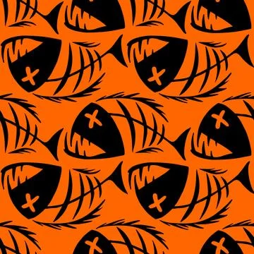 Bright seamless pattern of black graphic fish skeletons on an orange Illustrazione stock