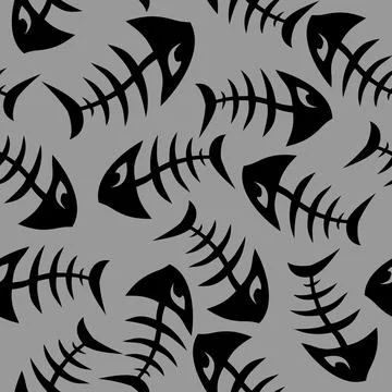 Bright seamless pattern of black graphic fish skeletons on a gray background 스톡 일러스트