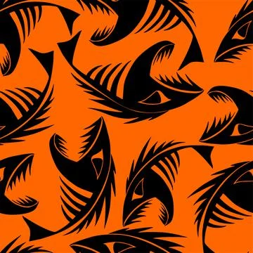 Bright seamless pattern of black graphic fish skeletons on an orange Illustrazione stock