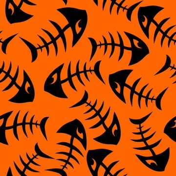 Bright seamless pattern of black graphic fish skeletons on an orange Illustrazione stock