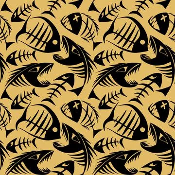Bright seamless pattern of black graphic fish skeletons on a golden Illustrazione stock
