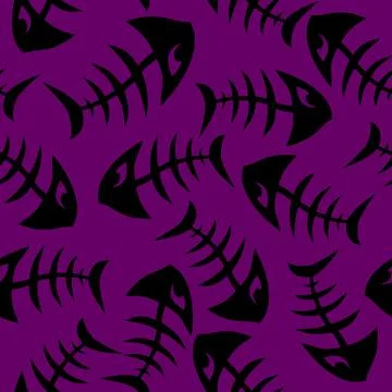 Bright seamless pattern of black graphic fish skeletons on a purple Illustrazione stock