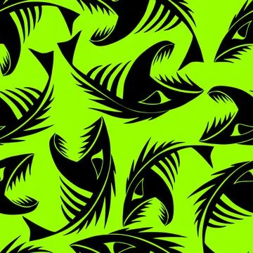 Bright seamless pattern of black graphic fish skeletons on a green background 스톡 일러스트