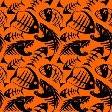 Bright seamless pattern of black graphic fish skeletons on an orange Illustrazione stock