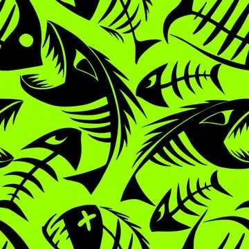 Bright seamless pattern of black graphic fish skeletons on a green background Stock Illustration