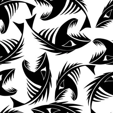 Bright seamless pattern of black graphic fish skeletons on a white Illustrazione stock