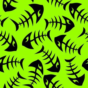 Bright seamless pattern of black graphic fish skeletons on a green Illustrazione stock