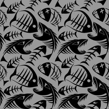 Bright seamless pattern of black graphic fish skeletons on a gray Illustrazione stock
