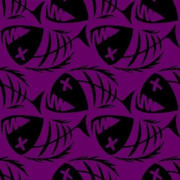 Bright seamless pattern of black graphic fish skeletons on a purple Illustrazione stock