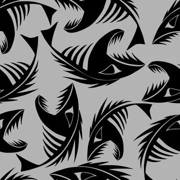 Bright seamless pattern of black graphic fish skeletons on a gray Stock Illustration
