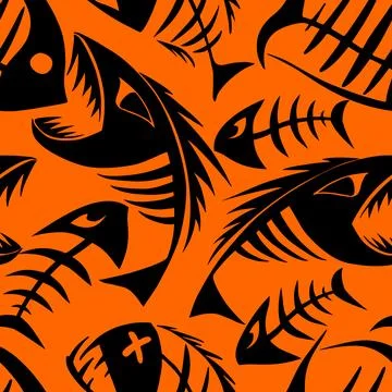 Bright seamless pattern of black graphic fish skeletons on an orange backgr.. Illustrazione stock