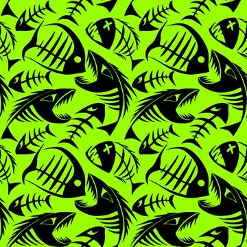 Bright seamless pattern of black graphic fish skeletons on a green backgrou.. Stock Illustration