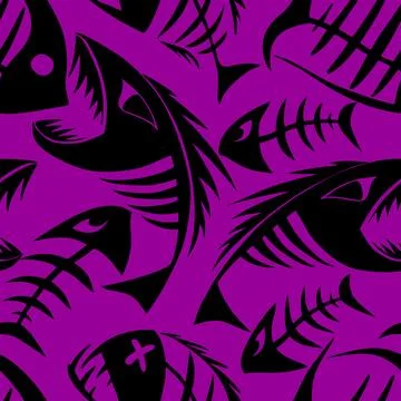 Bright seamless pattern of black graphic fish skeletons on a purple backgro.. Illustrazione stock