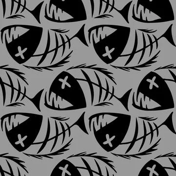 Bright seamless pattern of black graphic fish skeletons on a gray backgroun.. Stockillustratie