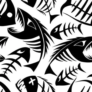 Bright seamless pattern of black graphic fish skeletons on a white backgrou.. Illustrazione stock