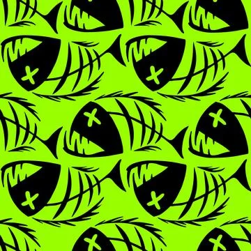Bright seamless pattern of black graphic fish skeletons on a green backgrou.. Illustrazione stock