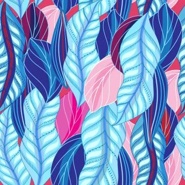 Bright seamless pattern of blue and pink leaves Stock Illustration