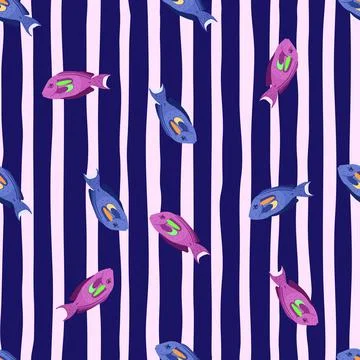 Bright seamless pattern with blue and purple fish shapes ornament. Navy blue  스톡 일러스트