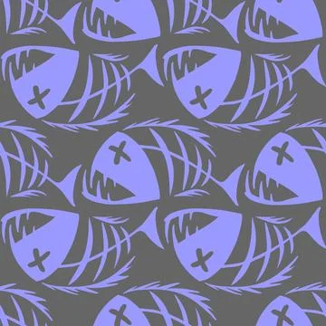 Bright seamless pattern of blue graphic fish skeletons on a gray background Illustrazione stock