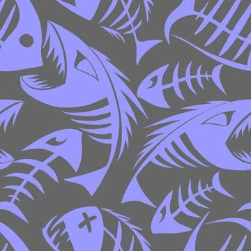 Bright seamless pattern of blue graphic fish skeletons on a gray background Illustrazione stock