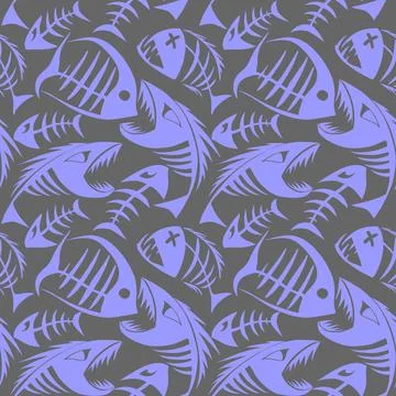 Bright seamless pattern of blue graphic fish skeletons on a gray background Illustrazione stock