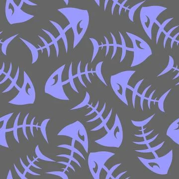 Bright seamless pattern of blue graphic fish skeletons on a gray background.. 스톡 일러스트