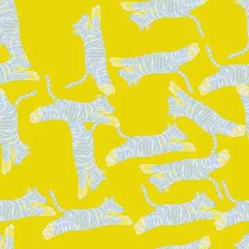 Bright seamless pattern with blue random tiger silhouettes. Yellow background イラスト素材
