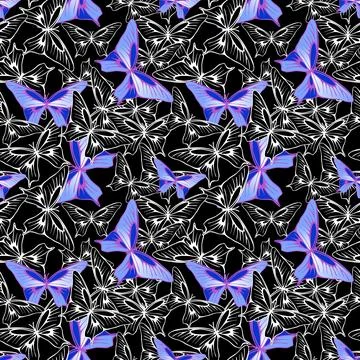 Bright seamless pattern of blue-violet and black-and-white butterflies Illustrazione stock