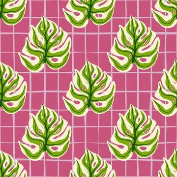 Bright seamless pattern with botanic green monstera elements print. Pink cheq Stock Illustration