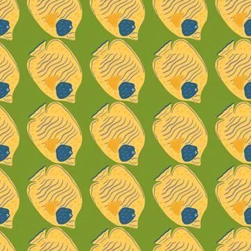 Bright seamless pattern with bright yellow butterfly fish print. Green backgr Illustrazione stock