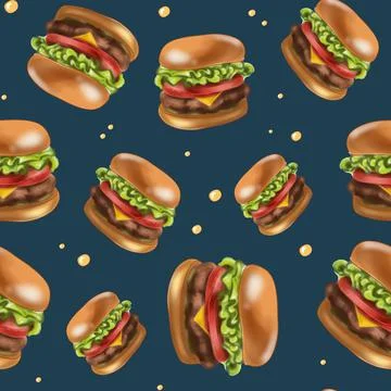 Bright seamless pattern burgers. On dark background. No Diet Day. Trendy grap Stock Illustration