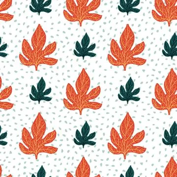 Bright seamless pattern with cartoon leaf doodle ornament in blue and orange  Illustrazione stock