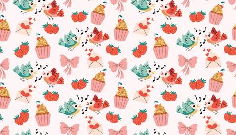 Bright seamless pattern with charming lovebird pair, sweet cupcake with che.. Stock Illustration