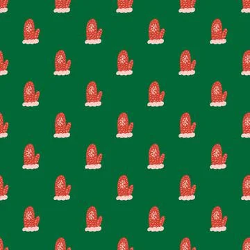 Bright seamless pattern with christmas wool mittens ornament. Red print on gr Illustrazione stock