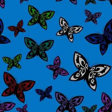 Bright seamless pattern with colored butterflies on blue background Stock Illustration