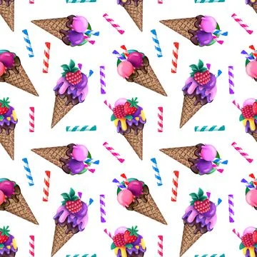 Bright seamless pattern with colorful ice cream cones and striped candy sticks Stock Illustration