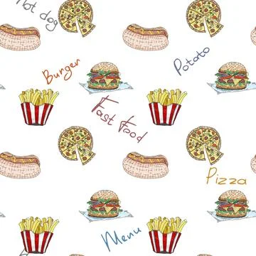 Bright seamless pattern. crispy fast food cooking 스톡 일러스트